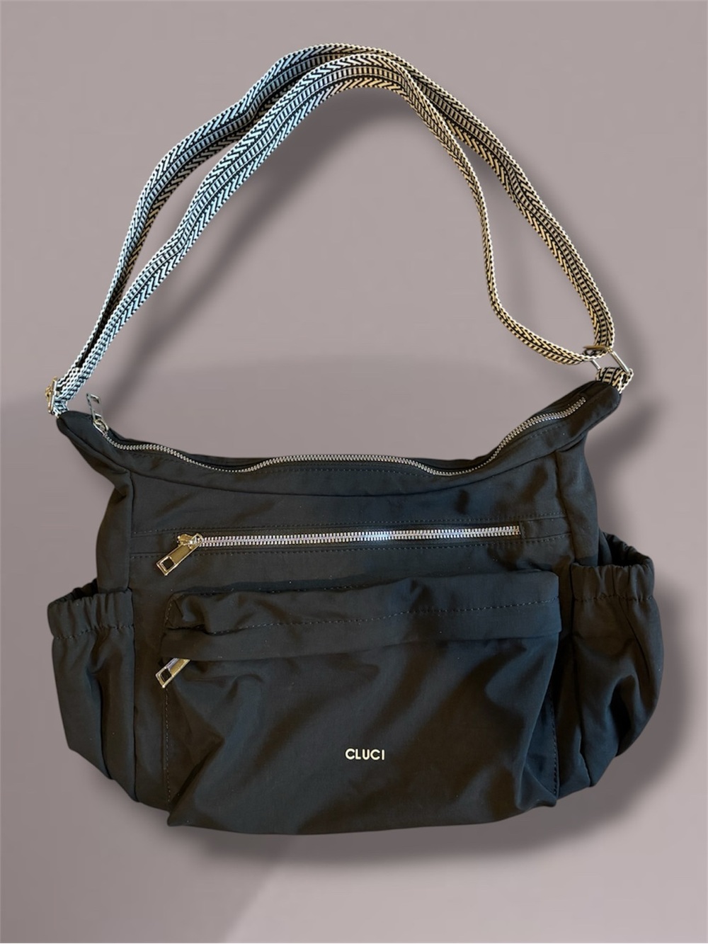 CLUCI Nylon Crossbody Hobo Bag RFID Blocking Black with Chevron Pattern Strap
